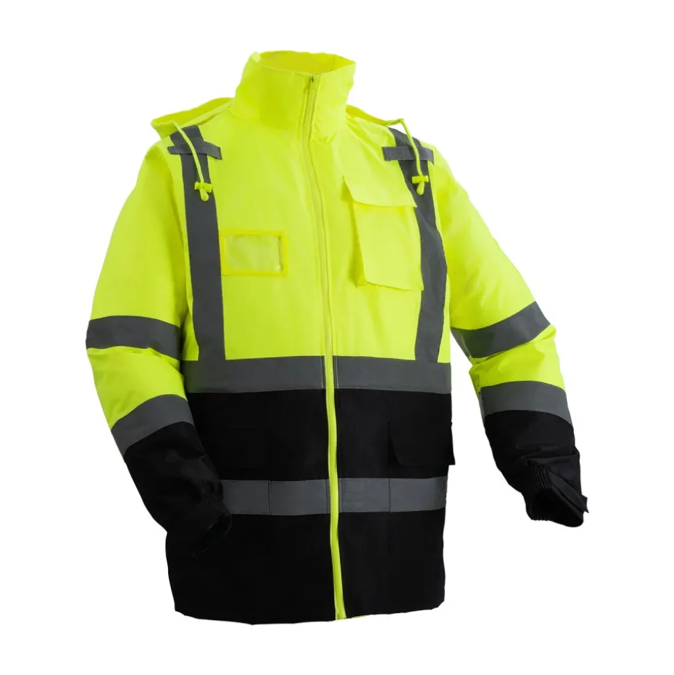 VEVOR High Visibility Reflective Safety Jacket, Waterproof Safety Hoodie, Work Construction Coat with Pockets for Men & Women, Rain Gear Meet ANSI & Class 3, Hi Vis Yellow Coat with Black Bottom, L