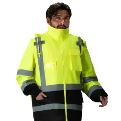 VEVOR High Visibility Reflective Safety Jacket, Waterproof Safety Hoodie, Work Construction Coat with Pockets for Men & Women, Rain Gear Meet ANSI & Class 3, Hi Vis Yellow Coat with Black Bottom, L