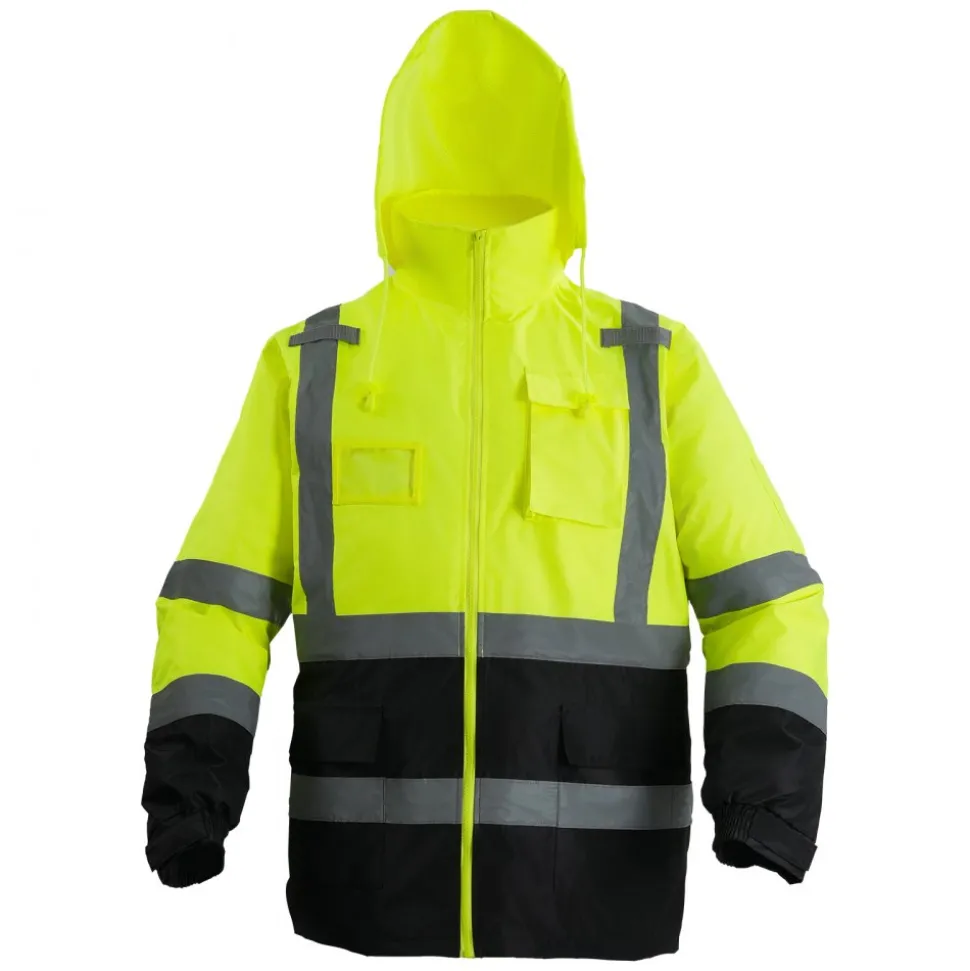 VEVOR High Visibility Reflective Safety Jacket, Waterproof Safety Hoodie, Work Construction Coat with Pockets for Men & Women, Rain Gear Meet ANSI & Class 3, Hi Vis Yellow Coat with Black Bottom, L