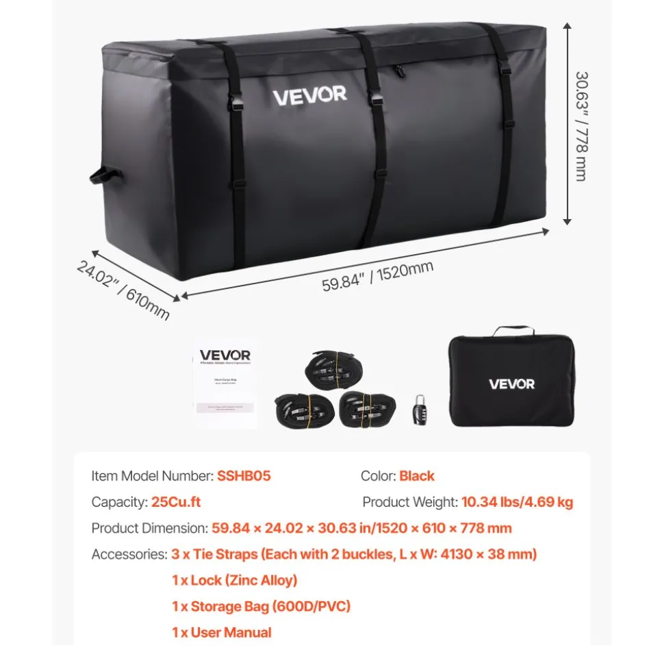 VEVOR Hitch Cargo Carrier Bag, Waterproof 840D PVC, 59.84 x 24.02 x 30.63 in (25 Cubic Feet), Heavy Duty Cargo Bag for Truck Bed Storage with Reinforced Straps, Suitable for Car SUV Vans Hitch Basket