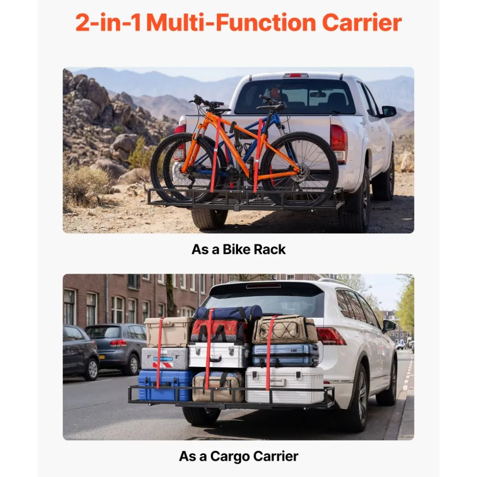 VEVOR Hitch Cargo Carrier Bike Rack, 66" x 20" x 6" Folding Hitch Mount Cargo Carrier for 2 Fat Tire/Mountain Bikes, 500LBS Capacity High-Strength Steel Luggage Basket Fits 2" Receiver for SUV Pickups