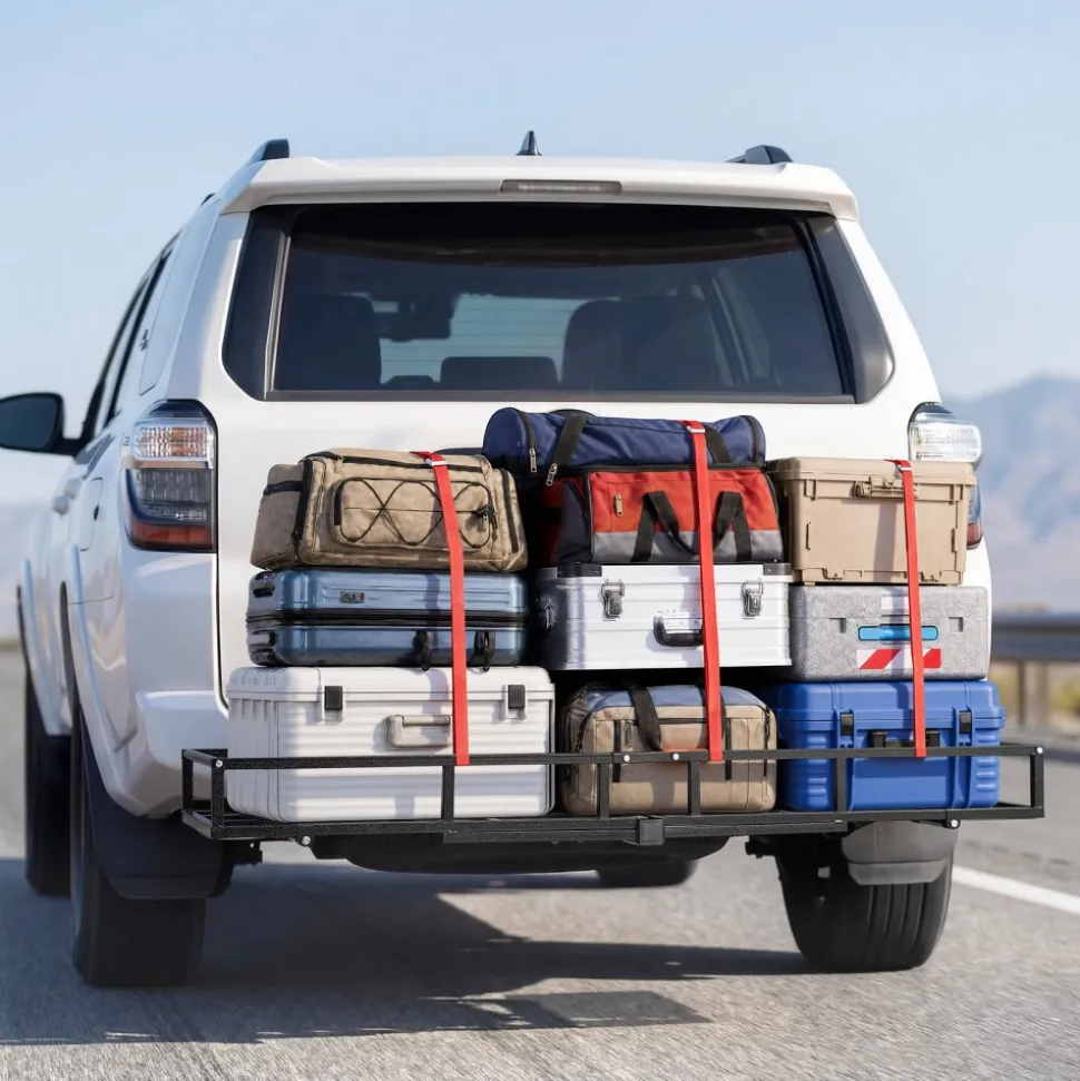 VEVOR Hitch Cargo Carrier Bike Rack, 66" x 20" x 6" Folding Hitch Mount Cargo Carrier for 2 Fat Tire/Mountain Bikes, 500LBS Capacity High-Strength Steel Luggage Basket Fits 2" Receiver for SUV Pickups