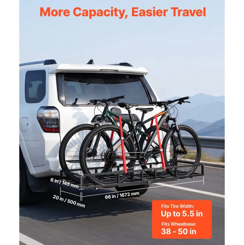 VEVOR Hitch Cargo Carrier Bike Rack, 66" x 20" x 6" Folding Hitch Mount Cargo Carrier for 2 Fat Tire/Mountain Bikes, 500LBS Capacity High-Strength Steel Luggage Basket Fits 2" Receiver for SUV Pickups