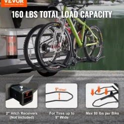 VEVOR Hitch Mount Bike Rack, 2-Bike Platform Style, 160 LBS Max Capacity Bike Rack Hitch for 2-inch Receiver, Titling and Folding Bike Carrier with Tires up to 5