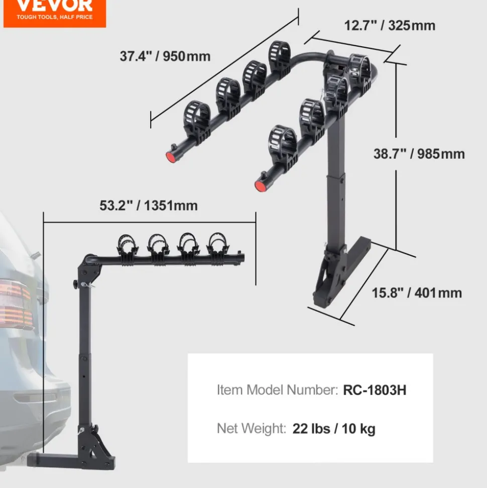 VEVOR Hitch Mount Bike Rack, 4-Bike Carrier Rack, 150 LBS Capacity Bike Rack Hitch for 2-inch Receiver, Titling and Folding Bike Carrier with No-Wobble U Bolt and Strap, for Car, SUV, Truck, RV