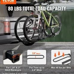 VEVOR Hitch Mount Bike Rack, 2-Bike Platform Style, 80 LBS Max Capacity Bike Rack Hitch for 1.25-/2-inch Receiver, Titling and Folding Bike Carrier with Tires up to 2.4