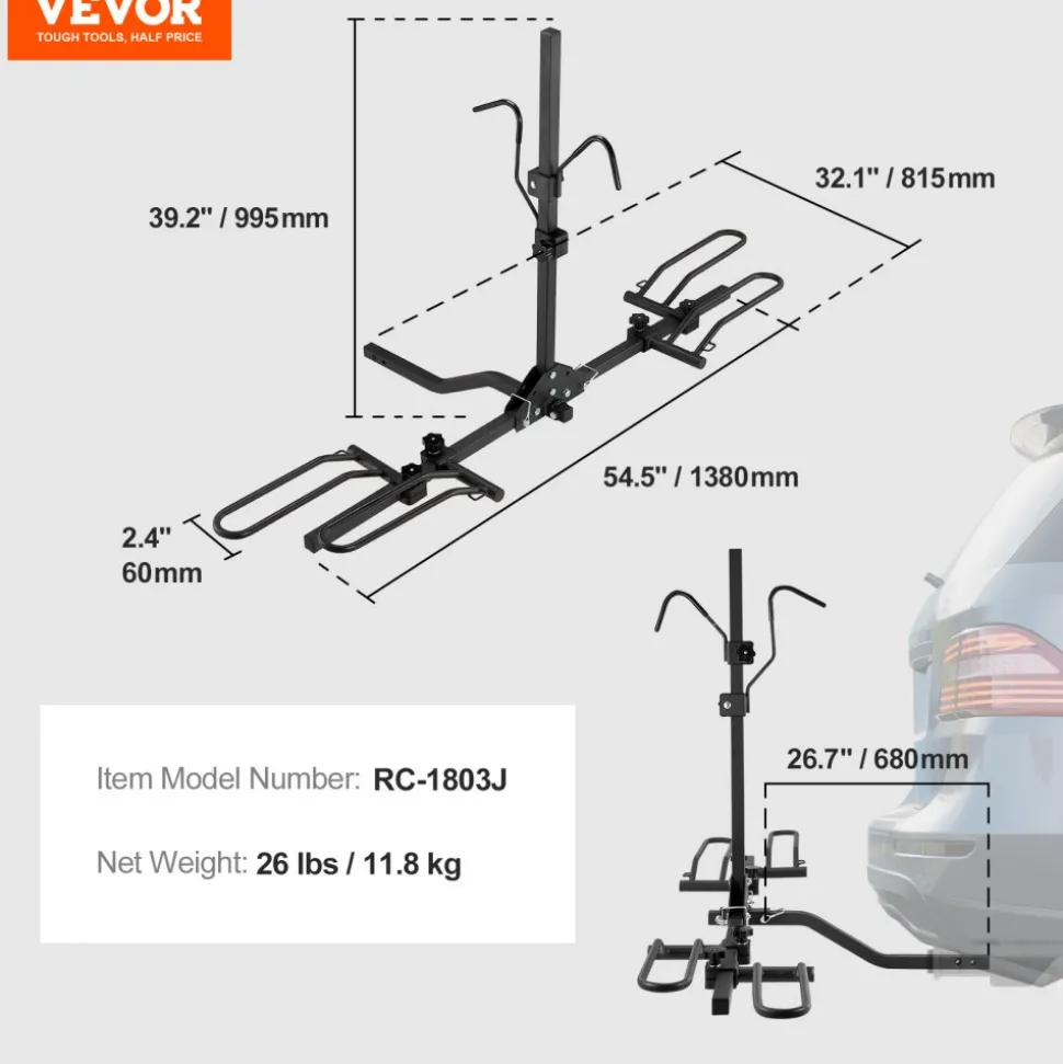 VEVOR Hitch Mount Bike Rack, 2-Bike Platform Style, 80 LBS Max Capacity Bike Rack Hitch for 1.25-/2-inch Receiver, Titling and Folding Bike Carrier with Tires up to 2.4" Wide, for Car, SUV, Truck, RV