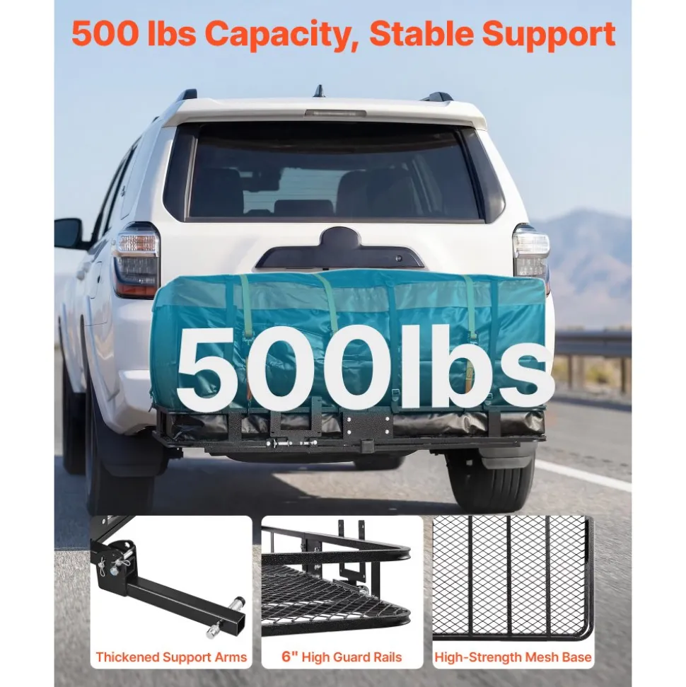 VEVOR Hitch Mount Cargo Carrier, 60" x 36" x 6" Folding Rear Luggage Rack Basket with Waterproof Cargo Bag, 500LBS Capacity High-Strength Steel Hitch Cargo Carrier Basket Fits 2" Receiver for SUV Pickups