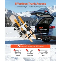 VEVOR Hitch Mounted Ski & Snowboard Rack, Fits 2-Inch Receiver, Carries up to 6 Pairs of Skis or 4 Snowboards, Hitch-Mounted Rack for Car with Key Lock, Security Strap, Tilt Access, Rubber Padding