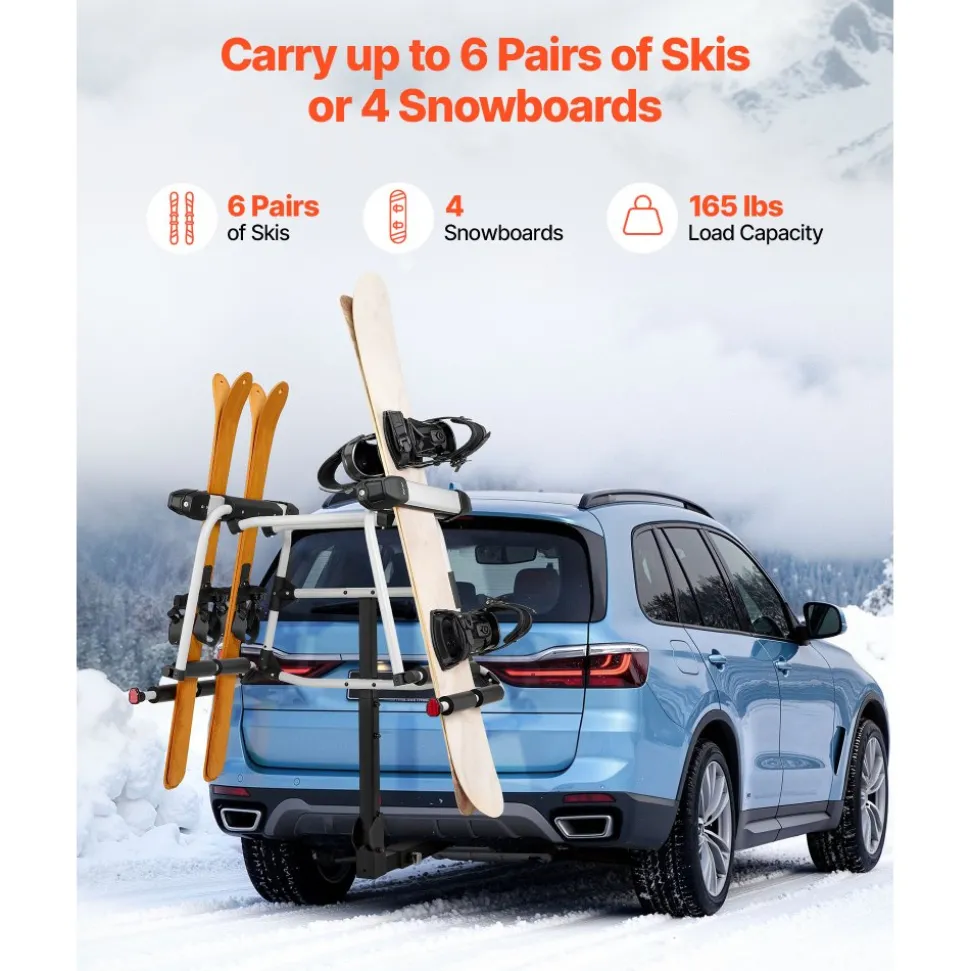 VEVOR Hitch Mounted Ski & Snowboard Rack, Fits 2-Inch Receiver, Carries up to 6 Pairs of Skis or 4 Snowboards, Hitch-Mounted Rack for Car with Key Lock, Security Strap, Tilt Access, Rubber Padding