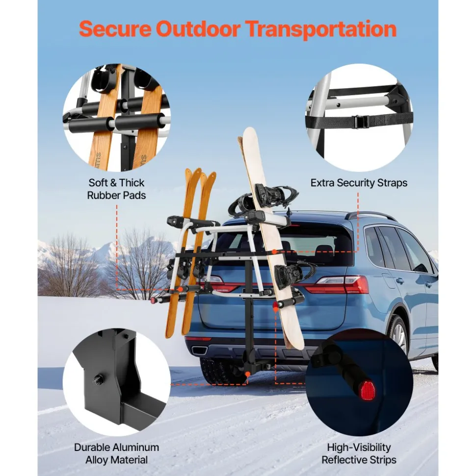 VEVOR Hitch Mounted Ski & Snowboard Rack, Fits 2-Inch Receiver, Carries up to 6 Pairs of Skis or 4 Snowboards, Hitch-Mounted Rack for Car with Key Lock, Security Strap, Tilt Access, Rubber Padding