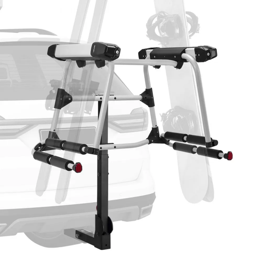 VEVOR Hitch Mounted Ski & Snowboard Rack, Fits 2-Inch Receiver, Carries up to 6 Pairs of Skis or 4 Snowboards, Hitch-Mounted Rack for Car with Key Lock, Security Strap, Tilt Access, Rubber Padding