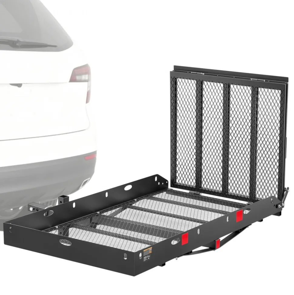 VEVOR Hitch Mount Wheelchair Carrier Height Adjustable, 500LBS Steel Mobility Scooter Carrier Cargo Basket with Double-Folding Ramp & Stabilizer, Fits 2" Hitch Receiver for Truck SUV Car, 60" x 33"