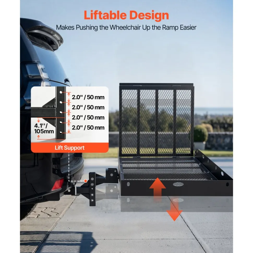 VEVOR Hitch Mount Wheelchair Carrier Height Adjustable, 500LBS Steel Mobility Scooter Carrier Cargo Basket with Double-Folding Ramp & Stabilizer, Fits 2" Hitch Receiver for Truck SUV Car, 60" x 33"