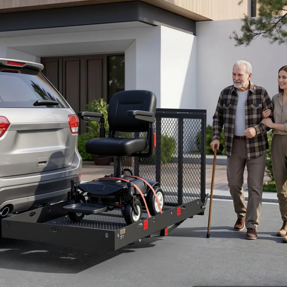 VEVOR Hitch Mount Wheelchair Carrier Height Adjustable, 500LBS Steel Mobility Scooter Carrier Cargo Basket with Double-Folding Ramp & Stabilizer, Fits 2" Hitch Receiver for Truck SUV Car, 60" x 33"