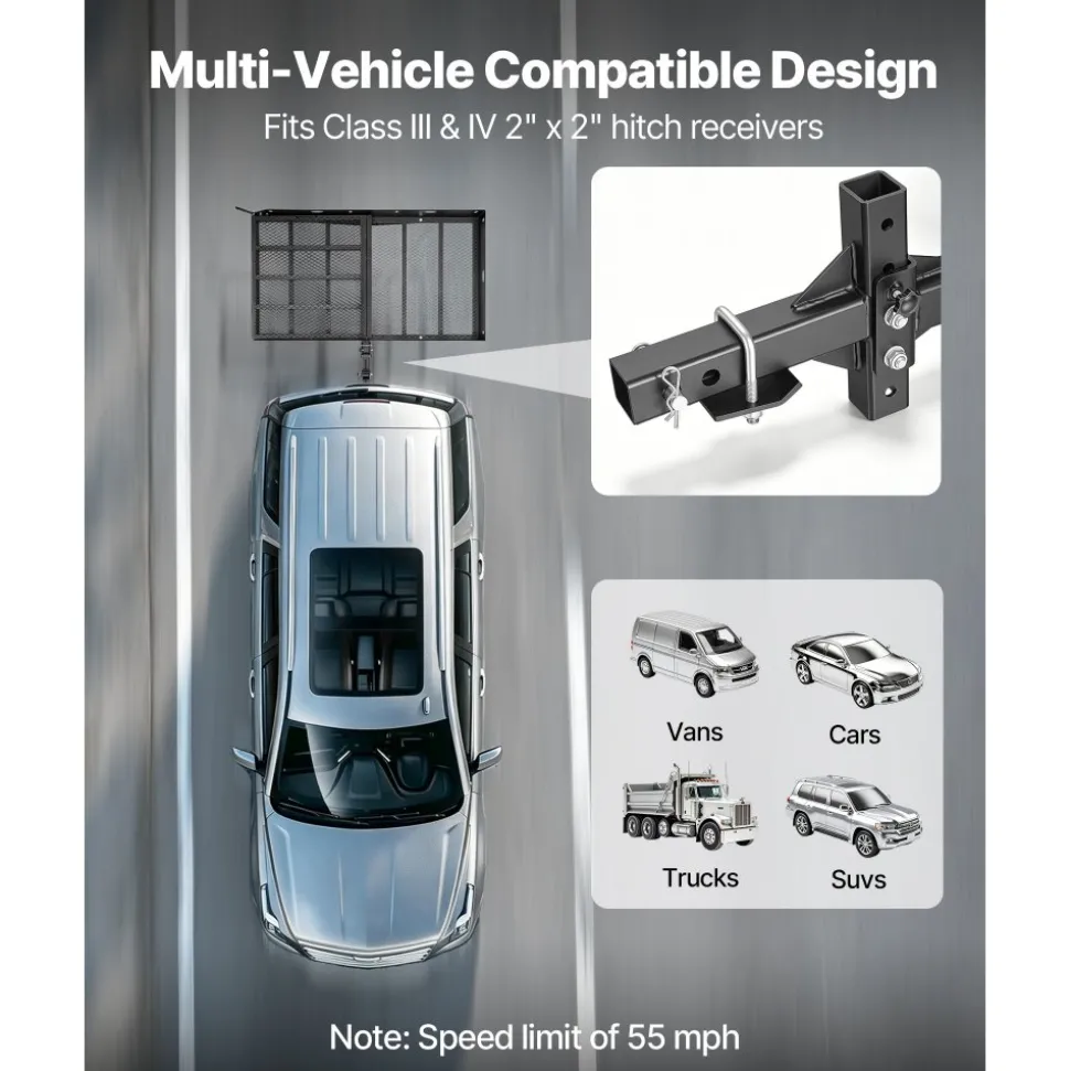 VEVOR Hitch Mount Wheelchair Carrier Height Adjustable, 500LBS Steel Mobility Scooter Carrier Cargo Basket with Double-Folding Ramp & Stabilizer, Fits 2" Hitch Receiver for Truck SUV Car, 60" x 33"