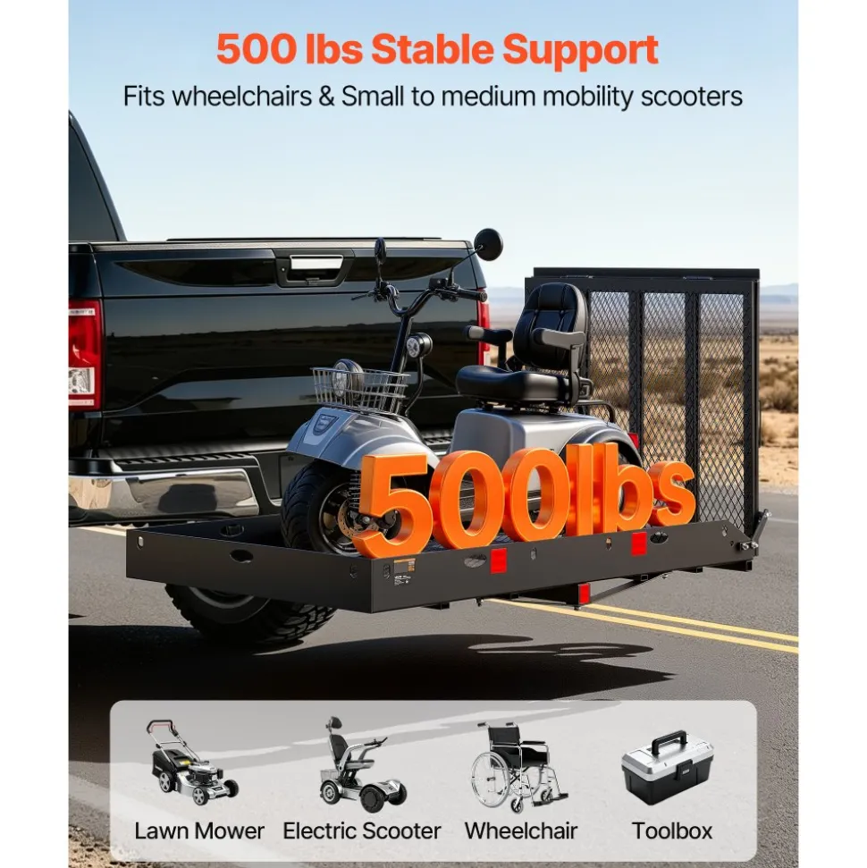 VEVOR Hitch Mount Wheelchair Carrier Height Adjustable, 500LBS Steel Mobility Scooter Carrier Cargo Basket with Double-Folding Ramp & Stabilizer, Fits 2" Hitch Receiver for Truck SUV Car, 60" x 33"