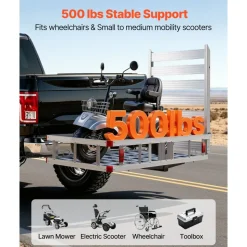 VEVOR Hitch Mount Wheelchair Carrier Height Adjustable, 500LBS Steel Mobility Scooter Carrier Cargo Basket with Folding Ramp & Stabilizer Kit, Fits 2