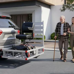 VEVOR Hitch Mount Wheelchair Carrier Height Adjustable, 500LBS Steel Mobility Scooter Carrier Cargo Basket with Folding Ramp & Stabilizer Kit, Fits 2
