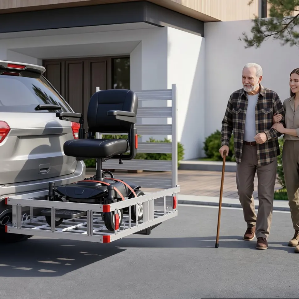 VEVOR Hitch Mount Wheelchair Carrier Height Adjustable, 500LBS Steel Mobility Scooter Carrier Cargo Basket with Folding Ramp & Stabilizer Kit, Fits 2" Hitch Receiver for Truck SUV Car, 48" x 28"
