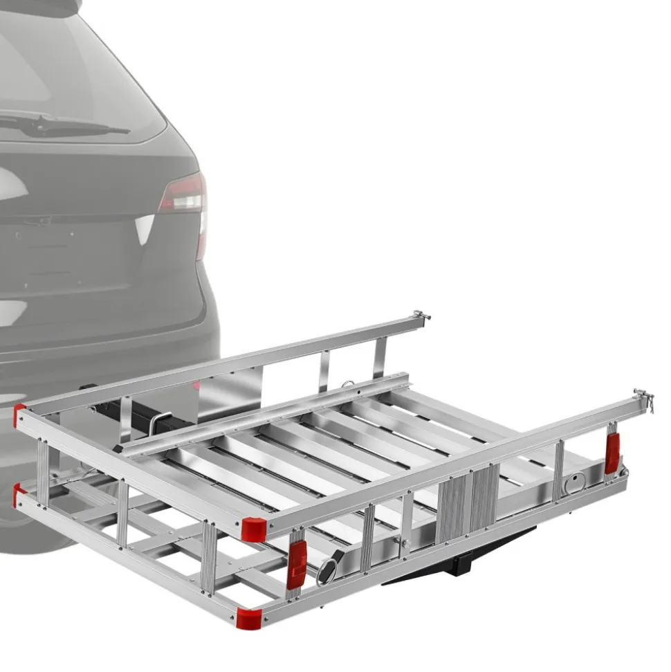 VEVOR Hitch Mount Wheelchair Carrier Height Adjustable, 500LBS Steel Mobility Scooter Carrier Cargo Basket with Folding Ramp & Stabilizer Kit, Fits 2" Hitch Receiver for Truck SUV Car, 48" x 28"