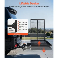 VEVOR Hitch Mount Wheelchair Carrier Height Adjustable, 500LBS Steel Mobility Scooter Carrier Cargo Basket with Folding Ramp & Stabilizer Kit, Fits 2