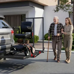 VEVOR Hitch Mount Wheelchair Carrier Height Adjustable, 500LBS Steel Mobility Scooter Carrier Cargo Basket with Folding Ramp & Stabilizer Kit, Fits 2