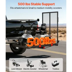 VEVOR Hitch Mount Wheelchair Carrier Height Adjustable, 500LBS Steel Mobility Scooter Carrier Cargo Basket with Folding Ramp & Stabilizer Kit, Fits 2