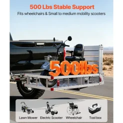VEVOR Hitch Mount Wheelchair Carrier, 500LBS Mobility Scooter Carrier with Double-Folding Ramp, Aluminum Hitch Cargo Basket & Stabilizer Kit, Fits 2