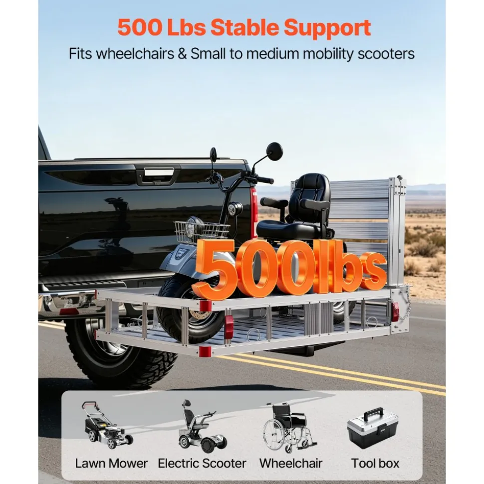 VEVOR Hitch Mount Wheelchair Carrier, 500LBS Mobility Scooter Carrier with Double-Folding Ramp, Aluminum Hitch Cargo Basket & Stabilizer Kit, Fits 2" Receiver for Truck SUV Car, 53.7" x 29.5" x 8.7"