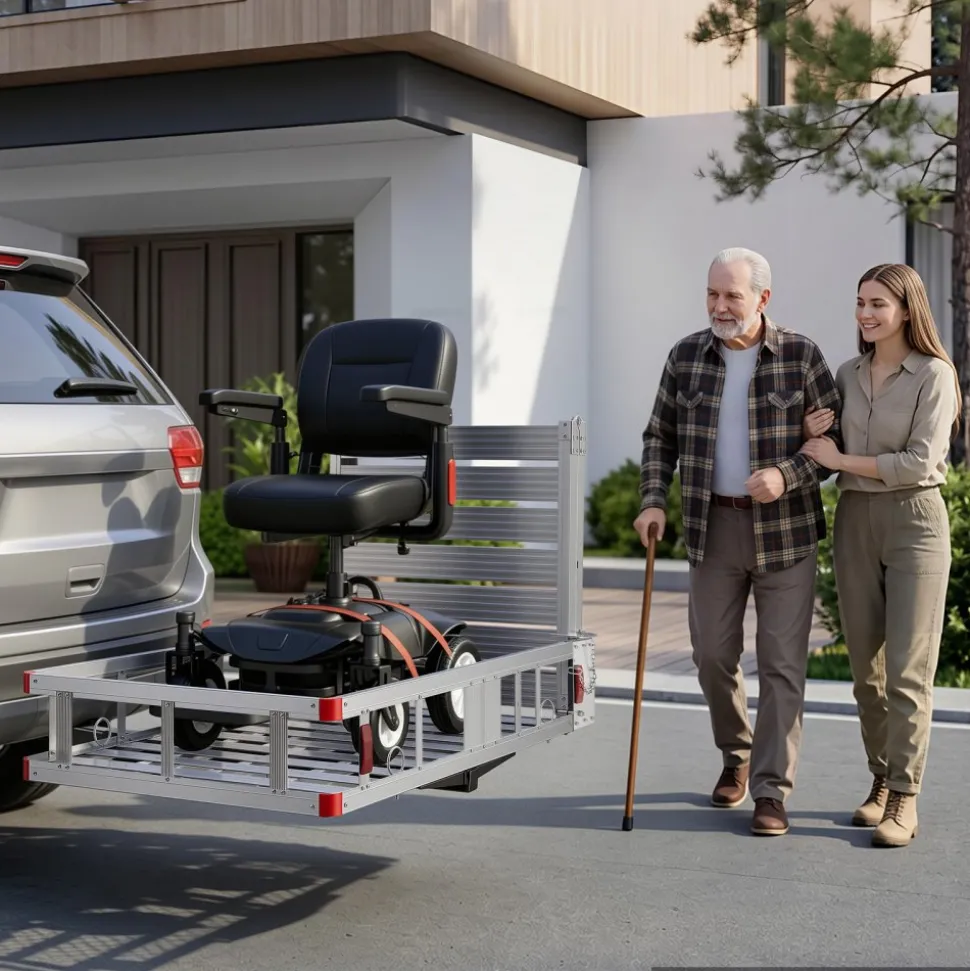 VEVOR Hitch Mount Wheelchair Carrier, 500LBS Mobility Scooter Carrier with Double-Folding Ramp, Aluminum Hitch Cargo Basket & Stabilizer Kit, Fits 2" Receiver for Truck SUV Car, 53.7" x 29.5" x 8.7"