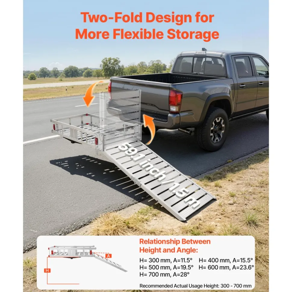 VEVOR Hitch Mount Wheelchair Carrier, 500LBS Mobility Scooter Carrier with Double-Folding Ramp, Aluminum Hitch Cargo Basket & Stabilizer Kit, Fits 2" Receiver for Truck SUV Car, 53.7" x 29.5" x 8.7"