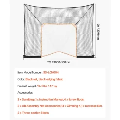 VEVOR Hockey and Lacrosse Goal Backstop, 12x9 ft Lacrosse Net with Extended Coverage, Quick Easy Setup Complete Accessories Training Net, Backyard Lacrosse Equipment, for Youth Adult (NET ONLY)