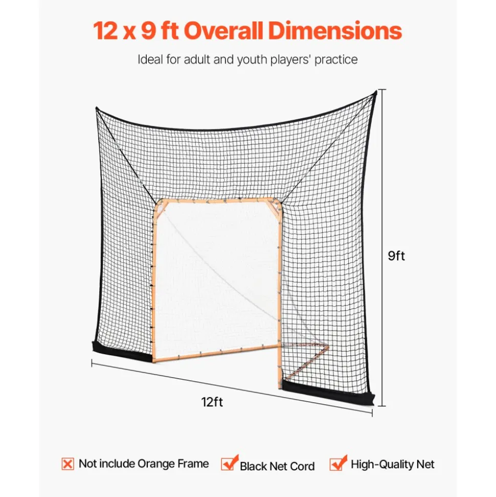 VEVOR Hockey and Lacrosse Goal Backstop, 12x9 ft Lacrosse Net with Extended Coverage, Quick Easy Setup Complete Accessories Training Net, Backyard Lacrosse Equipment, for Youth Adult (NET ONLY)