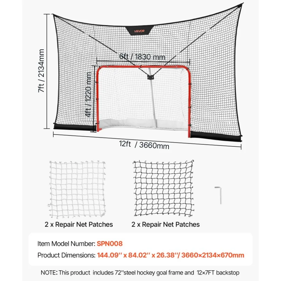 VEVOR Hockey Goal Goal and Backstop Net Set, 12x7 ft Durable Hockey Net with Extended Coverage, Lightweight Portable Complete Training Accessory Set, Easy Assembly, for Youth and Adults