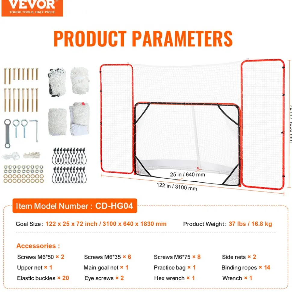VEVOR Hockey Goal with Backstop and Targets, Street Steel Hockey Net, 72" Pro Hockey Training Goal Set, Portable Indoor Outdoor Hockey Goal with Net, Easy Assemble, White/Red