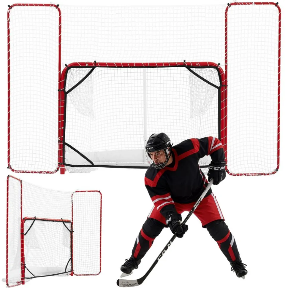 VEVOR Hockey Goal with Backstop and Targets, 10x6FT Street Steel Hockey Goal Set, Pro Lightweight and Portable Training Equipment, Durable Net for Indoor & Outdoor Use, Easy Assembly, White/Red