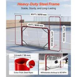 VEVOR Hockey Goal with Backstop and Targets, 10x6FT Street Steel Hockey Goal Set, Pro Lightweight and Portable Training Equipment, Durable Net for Indoor & Outdoor Use, Easy Assembly, White/Red