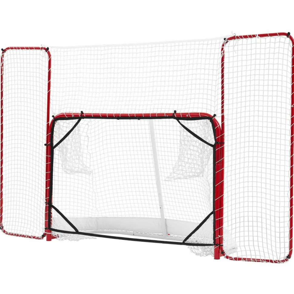 VEVOR Hockey Goal with Backstop and Targets, 10x6FT Street Steel Hockey Goal Set, Pro Lightweight and Portable Training Equipment, Durable Net for Indoor & Outdoor Use, Easy Assembly, White/Red