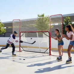 VEVOR Hockey Goal with Backstop and Targets, 10x6FT Street Steel Hockey Goal Set, Pro Lightweight and Portable Training Equipment, Durable Net for Indoor & Outdoor Use, Easy Assembly, White/Red