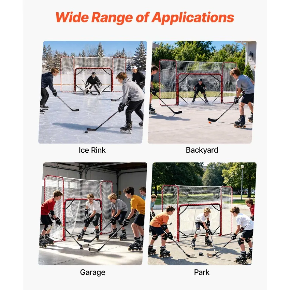 VEVOR Hockey Goal with Backstop and Targets, 10x6FT Street Steel Hockey Goal Set, Pro Lightweight and Portable Training Equipment, Durable Net for Indoor & Outdoor Use, Easy Assembly, White/Red