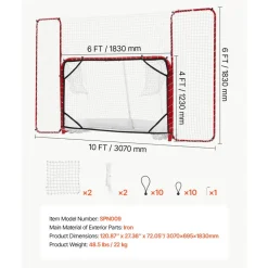 VEVOR Hockey Goal with Backstop and Targets, 10x6FT Street Steel Hockey Goal Set, Pro Lightweight and Portable Training Equipment, Durable Net for Indoor & Outdoor Use, Easy Assembly, White/Red