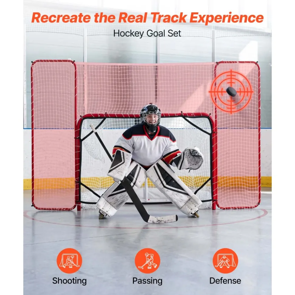 VEVOR Hockey Goal with Backstop and Targets, 10x6FT Street Steel Hockey Goal Set, Pro Lightweight and Portable Training Equipment, Durable Net for Indoor & Outdoor Use, Easy Assembly, White/Red