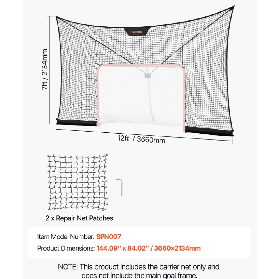 VEVOR Hockey Net Backstop, 12x7 ft Durable Hockey Goal Backstop Net with Extended Coverage, Lightweight and Portable Backyard Training Equipment, Easy Assembly, for Youth Adult (NET ONLY)