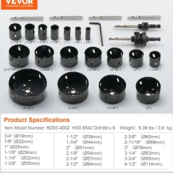 VEVOR Hole Saw Kit, 18 PCS Saw Blades, 6 Drill Bits, 1 Hex Wrench, General Purpose Size from 3/4