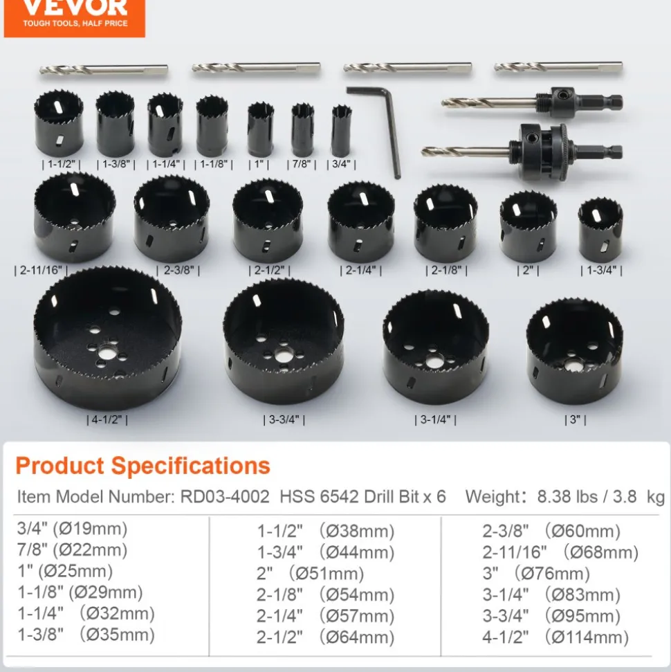 VEVOR Hole Saw Kit, 18 PCS Saw Blades, 6 Drill Bits, 1 Hex Wrench, General Purpose Size from 3/4" to 4-1/2", Bi Metal M42 Hole Saw Set with Carrying Case, Ideal for Wood Board, Plastic and Iron Plate