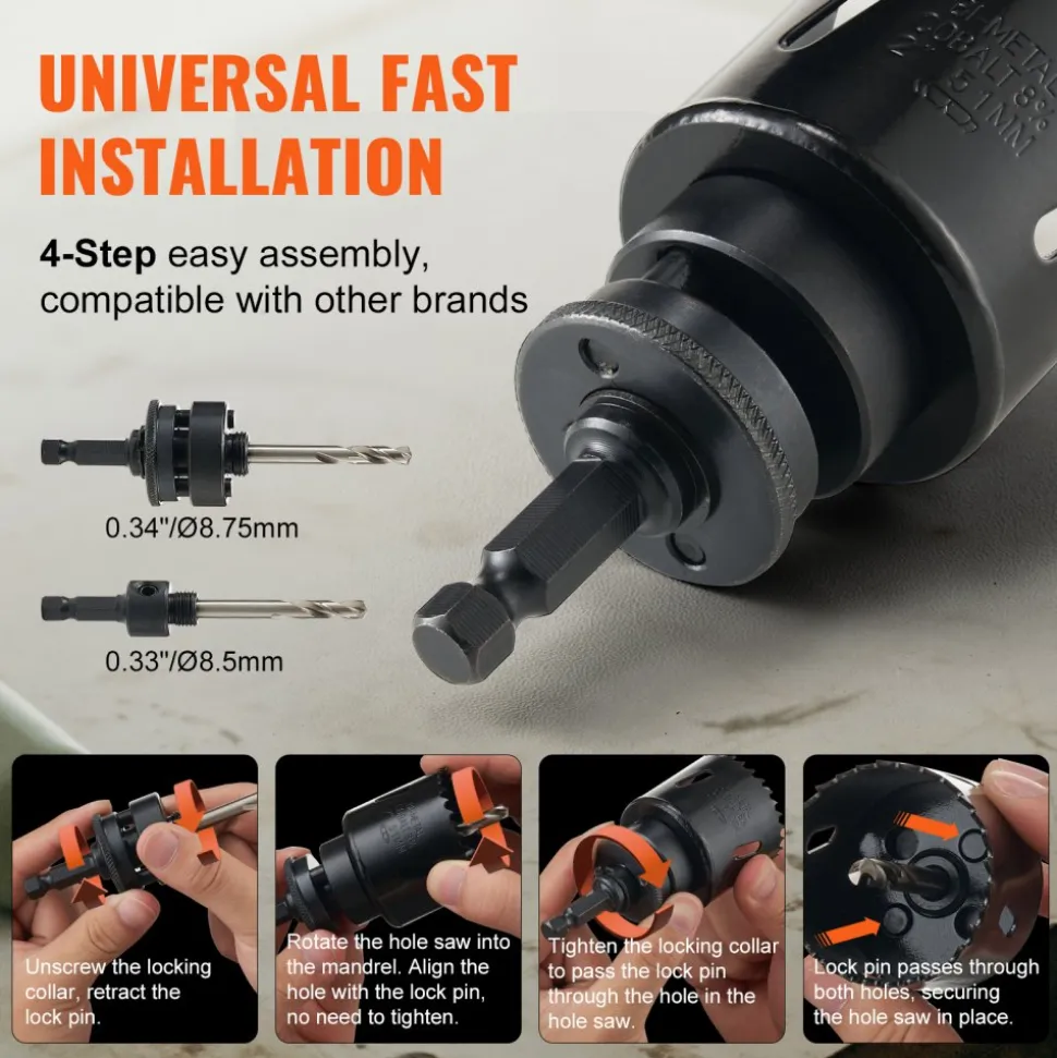 VEVOR Hole Saw Kit, 18 PCS Saw Blades, 6 Drill Bits, 1 Hex Wrench, General Purpose Size from 3/4" to 4-1/2", Bi Metal M42 Hole Saw Set with Carrying Case, Ideal for Wood Board, Plastic and Iron Plate