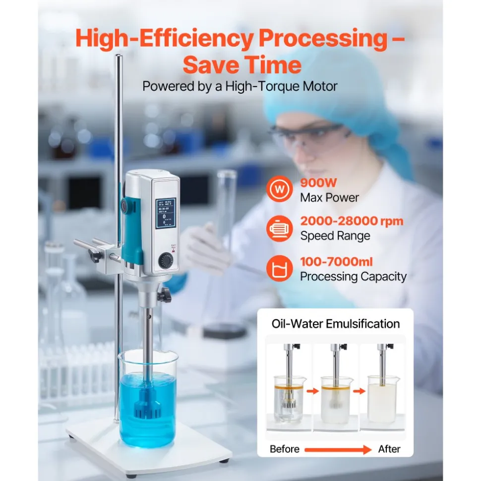 VEVOR Homogenizer, 900 W Laboratory High Speed Dispersing Homogenizer, 2000-28000RPM High Shear Lab Mixer Emulsification Machine, Digital Display Blender, Stainless Steel, for Cosmetics/Food Industry