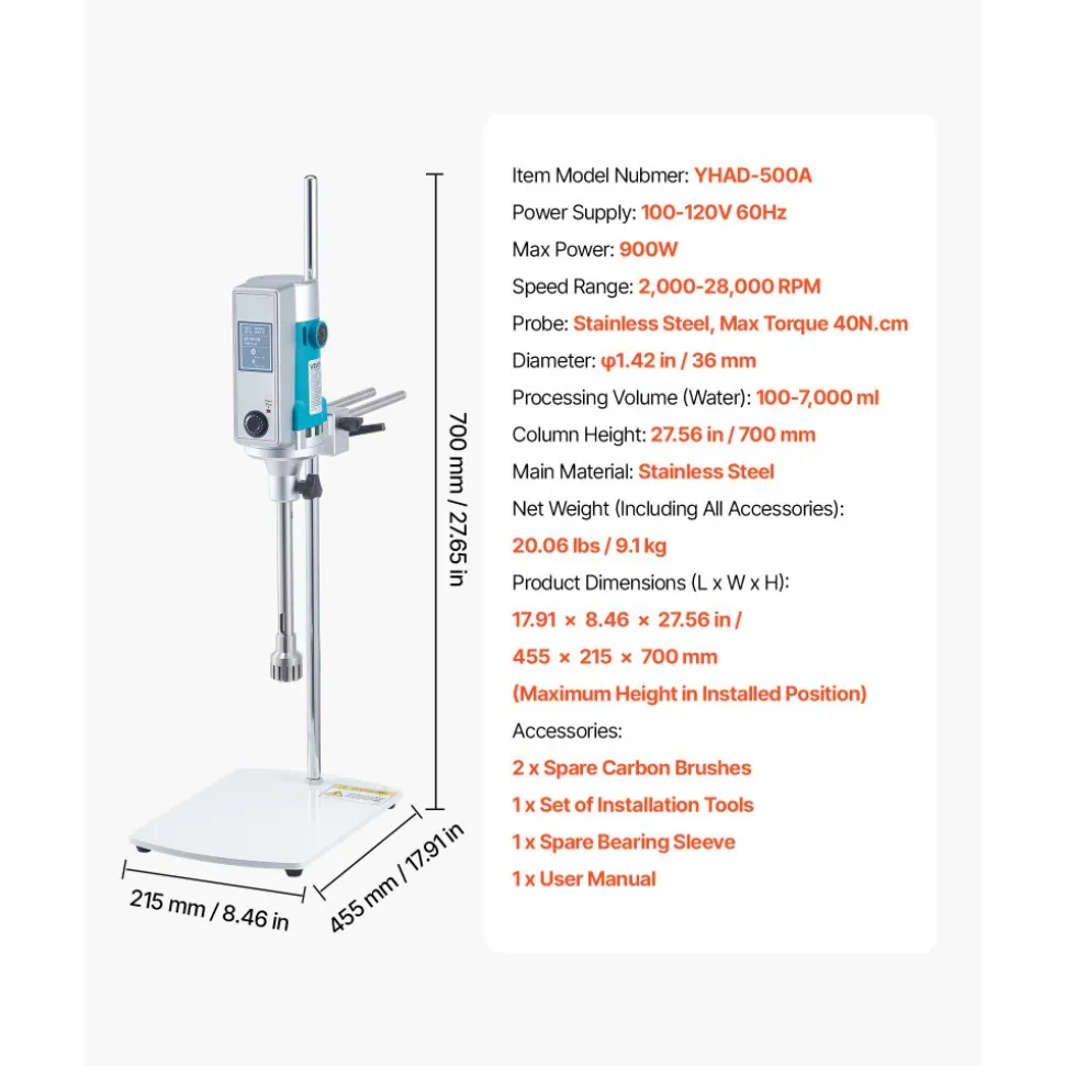 VEVOR Homogenizer, 900 W Laboratory High Speed Dispersing Homogenizer, 2000-28000RPM High Shear Lab Mixer Emulsification Machine, Digital Display Blender, Stainless Steel, for Cosmetics/Food Industry