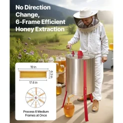 VEVOR Honey Extractor, 6 Frame Manual Honey Spinner with Transparent Lid, Stainless Steel Honeycomb Drum Spinner with Height Adjustable Stand, Honeycomb Extraction Centrifuge Equipment for Beekeeping